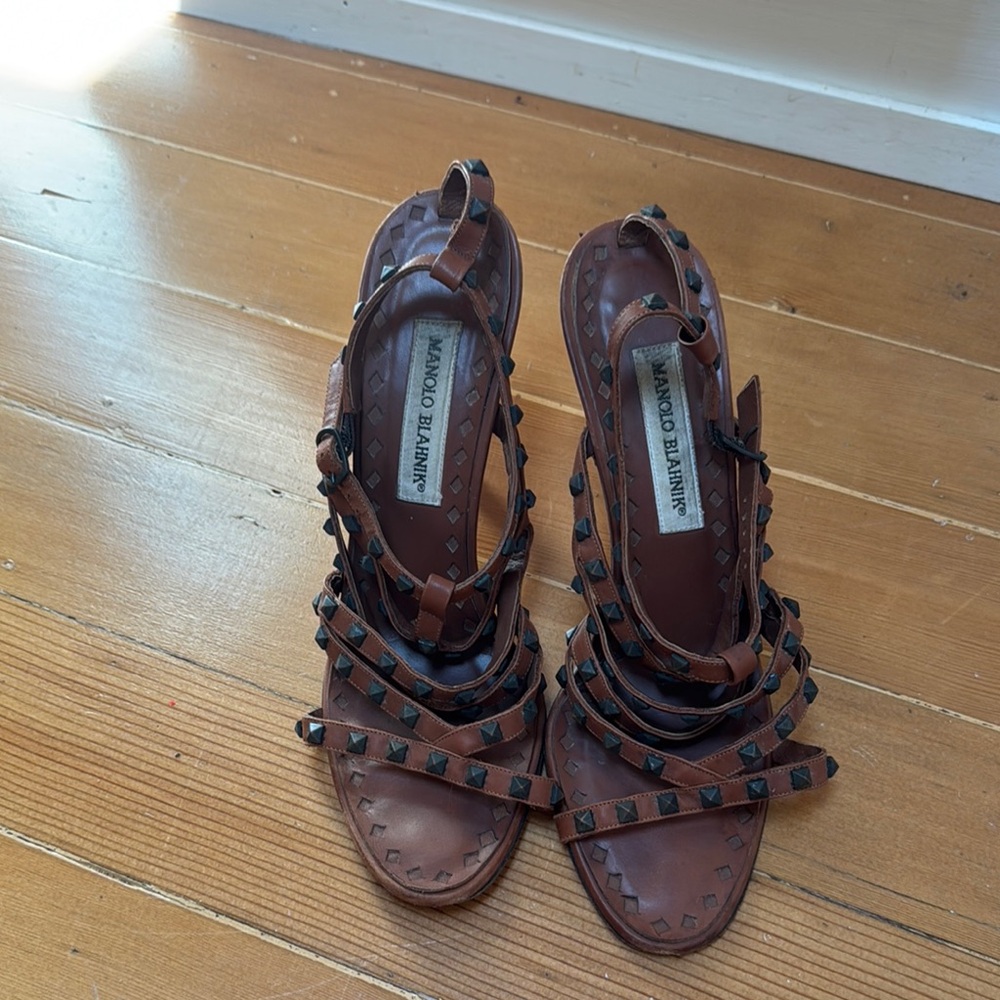 Manolo Blahnik Studded Brown Sandals